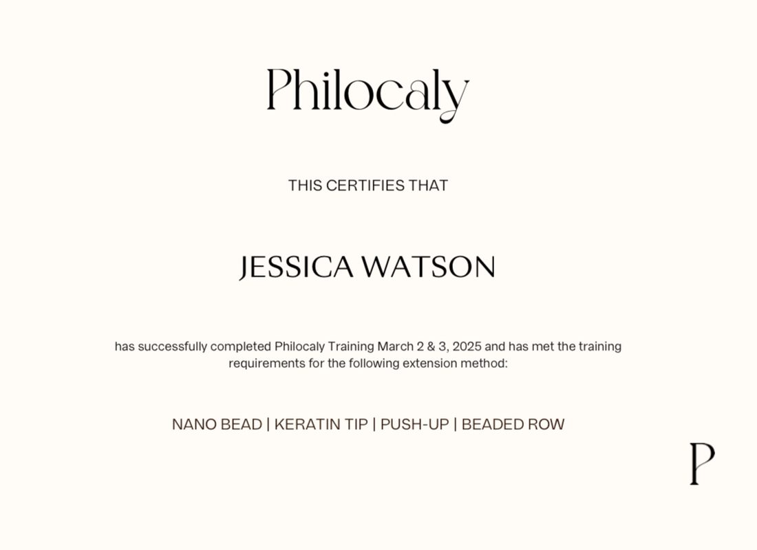 Philocaly training certificate for Jessica Watson — Nano Bead, Keratin Tip, Push-Up and Beaded Row methods